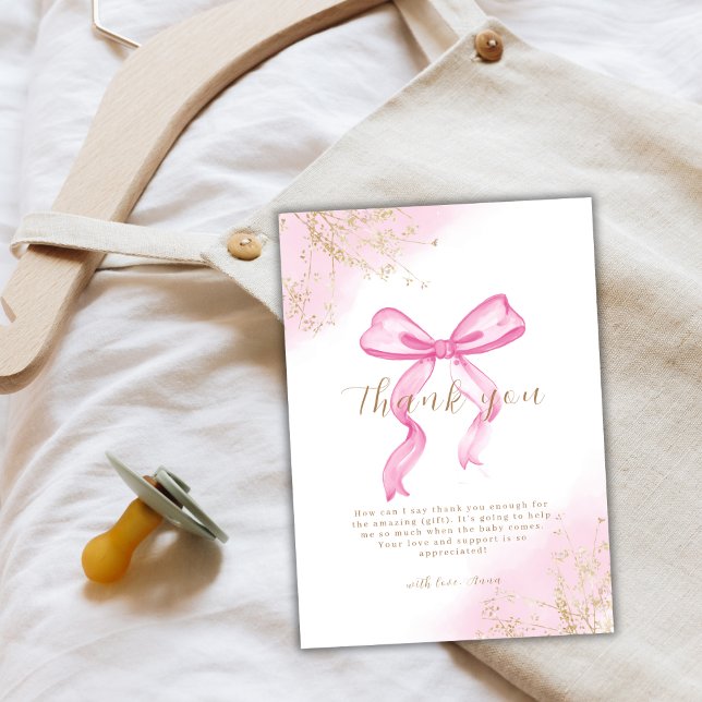 Cartão De Agradecimento Chá de fraldas de Arco Elegante Elegante Rosa (Pink Modern Elegant Watercolor Bow Baby Shower Thank You Card)