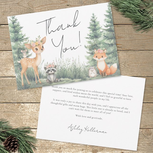 Cartão De Agradecimento Chá de fraldas de Aventura de Animais da Floresta  (Woodland Forest Animals Adventure Baby Shower Thank You Card)