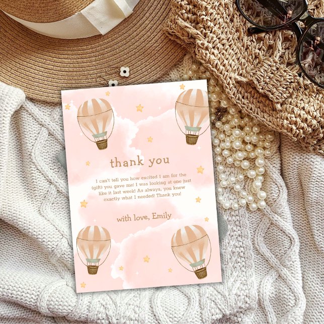 Cartão De Agradecimento Chá de fraldas de balão de ar quente na nuvem doce (Neutral Sweet Cloud Hot Air Balloon Baby Shower Thank You Card)