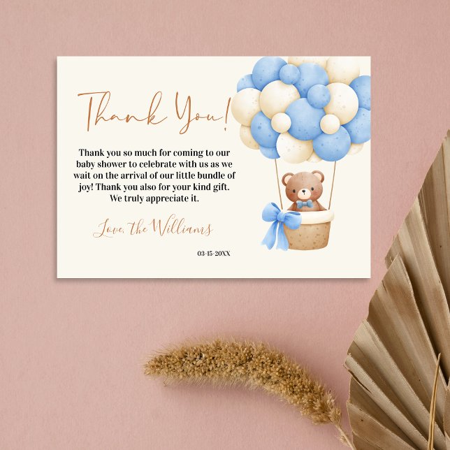 Cartão De Agradecimento Chá de fraldas de Balão de Urso Azul (Criador carregado)