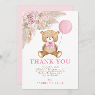 Cartão De Agradecimento Chá de fraldas de Balão de Urso Rosa Dusty