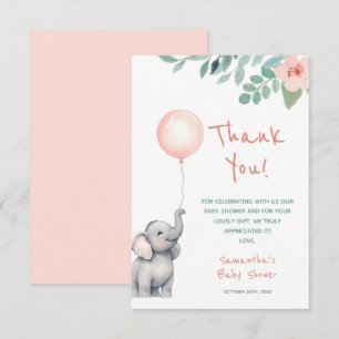 Cartão De Agradecimento Chá de fraldas de Balão Rosa, Elefante Bela Menina
