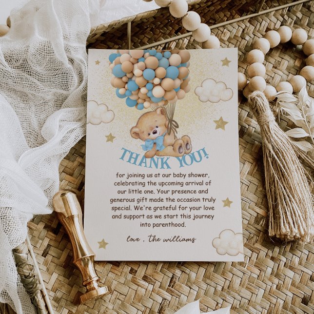 Cartão De Agradecimento Chá de fraldas de Balões Azuis do Urso de Teddy (Criador carregado)