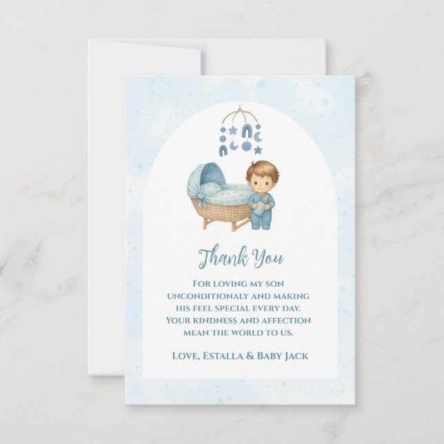 Cartão De Agradecimento Chá de fraldas de berço de bebê do berço azul-esbr (Frente)