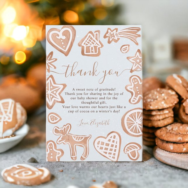 Cartão De Agradecimento Chá de fraldas de biscoito de Natal de inverno bon (Cute winter Christmas little cookie baby shower Thank You Card)