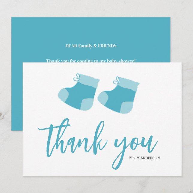 Cartão De Agradecimento Chá de fraldas de Booties de Bebezinho Azul (Frente/Verso)