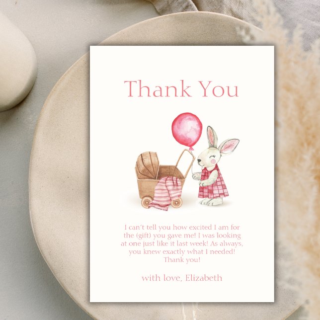 Cartão De Agradecimento Chá de fraldas de Bunny Balloon Stroller Rosa (Pink Stroller Bunny Balloon Girl Baby Shower Thank You Card)