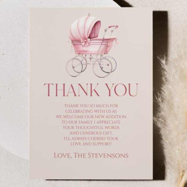 Cartão De Agradecimento Chá de fraldas de Carruagem de Bebê Rosa Elegante (Criador carregado)