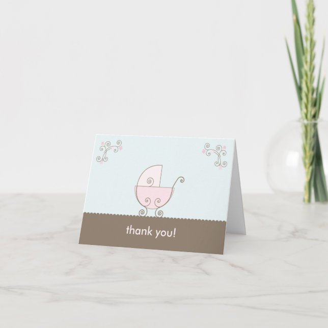 Cartão De Agradecimento Chá de fraldas de carruagem Obrigado - Rosa (Frente)