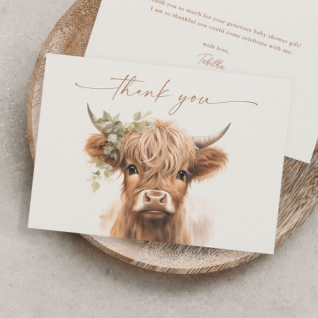 Cartão De Agradecimento Chá de fraldas de Casais Neutros de Vaca do Boho H (Boho highland cow baby shower thank you card.)