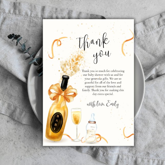 Cartão De Agradecimento Chá de fraldas de champanhe de frascos Elegantes D (Gold Elegant Poppin Bottles Champagne Baby Shower Thank You Card)