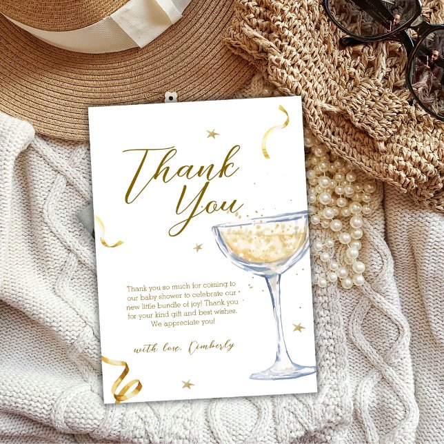 Cartão De Agradecimento Chá de fraldas de champanhe Dourado Elegante Brunc (Gold Elegant Brunch Bubbly Champagne Baby Shower Thank You Card)