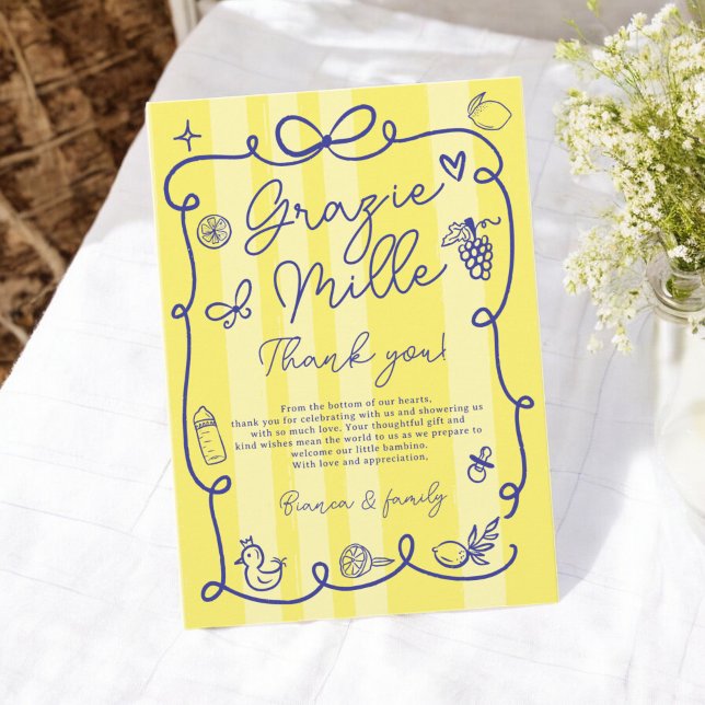 Cartão De Agradecimento Chá de fraldas de Ciao em Italiano com Stripes Ama (Yellow Stripes Italian-Themed Ciao Baby Shower Thank You Card)