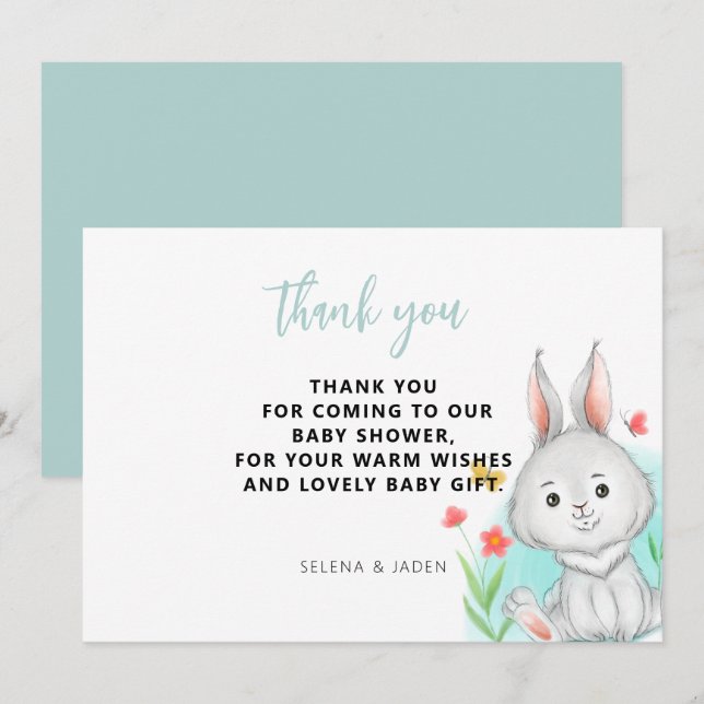 Cartão De Agradecimento Chá de fraldas de coelho com aquarela (Frente/Verso)