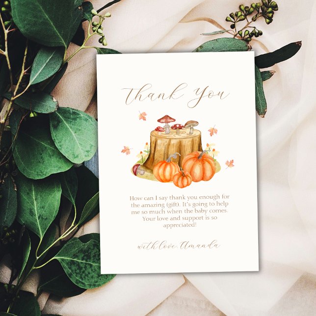 Cartão De Agradecimento Chá de fraldas de Cogumelo de Pumpkin, Russo Woodl (Rustic Woodland Fall Pumpkin Mushroom Baby Shower Thank You Card)