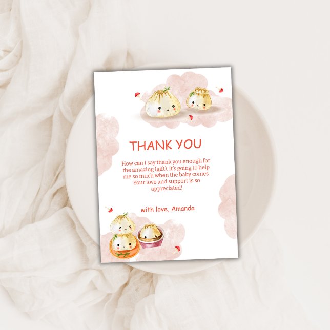 Cartão De Agradecimento Chá de fraldas de Cogumelo para Lixeira (Watercolor Little Dumpling Mushroom Baby Shower Thank You Card)