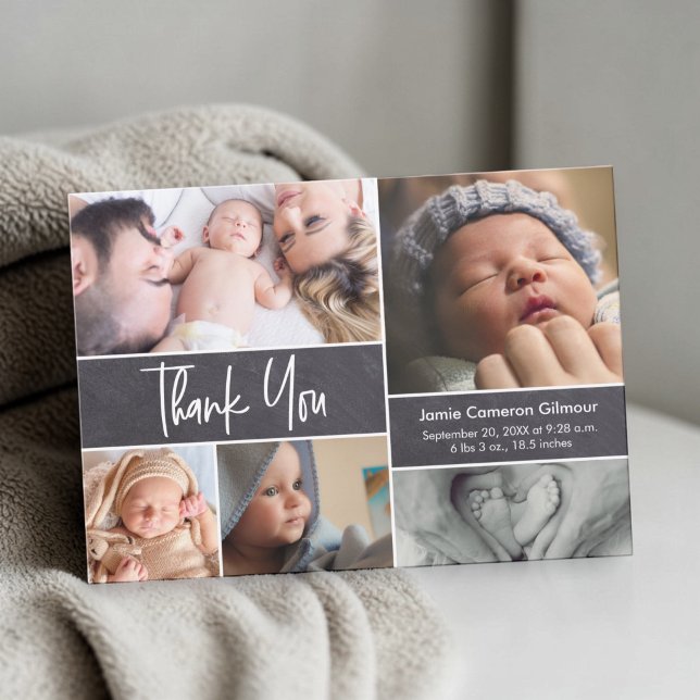 Cartão De Agradecimento Chá de fraldas de Colagem de Fotografias com Handl (Modern baby photo collage chalkboard birth announcement thank you card.)