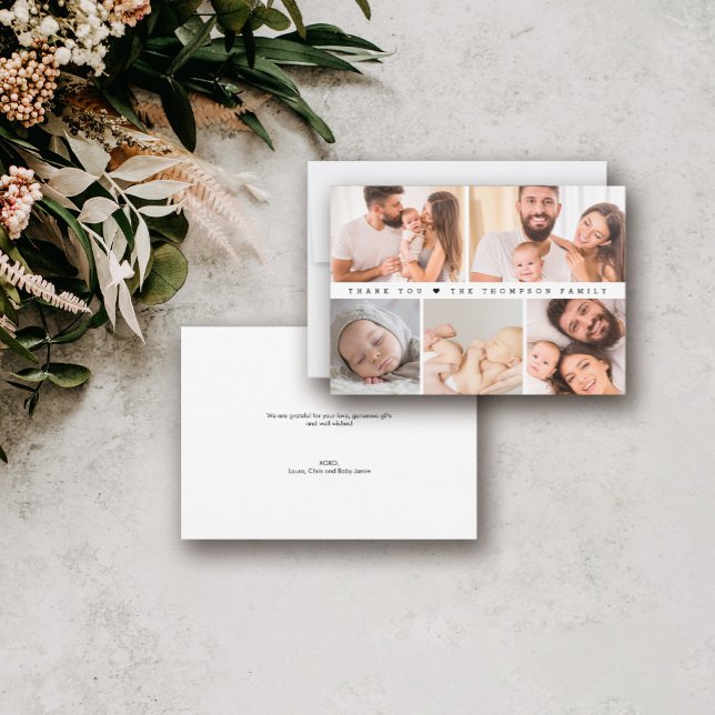 Cartão De Agradecimento Chá de fraldas de Colagem de Fotos Personalizada S (Small Baby thank you photo grid collage note card.)