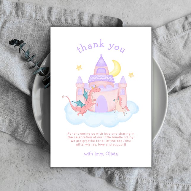Cartão De Agradecimento Chá de fraldas de Dragão de Fairytale Pastel Cute (Cute Pastel Fairytale Dragon Unicorn Baby Shower Thank You Card)