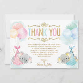 Cartão De Agradecimento Chá de fraldas de Elefante para Menininha Gêmeos B