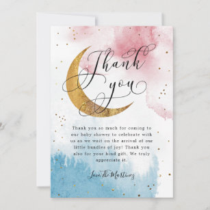 Cartão De Agradecimento Chá de fraldas de Estrelas Douradas da Lua Azul-Ro