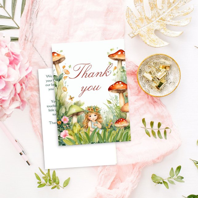 Cartão De Agradecimento Chá de fraldas de fada de jardim entonado (Enchanted forest garden fairy baby shower thank you card mushrooms cute butterfly fairy thank you)