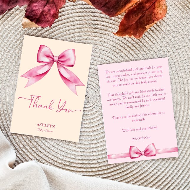 Cartão De Agradecimento Chá de fraldas de fita de arco rosa elegante (Pink bow ribbon baby shower cute elegant thank you card pastel cream pink bow girly thank you cards)