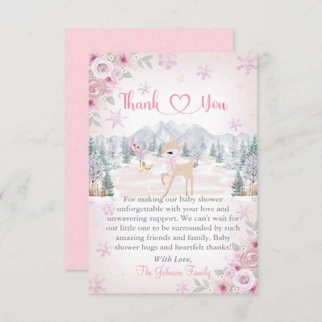 Cartão De Agradecimento Chá de fraldas de floco de neve Rosa-Cerveja (Frente/Verso)