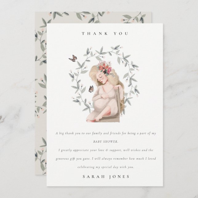 Cartão De Agradecimento Chá de fraldas de Folhagem para Mulheres Esperante (Frente/Verso)