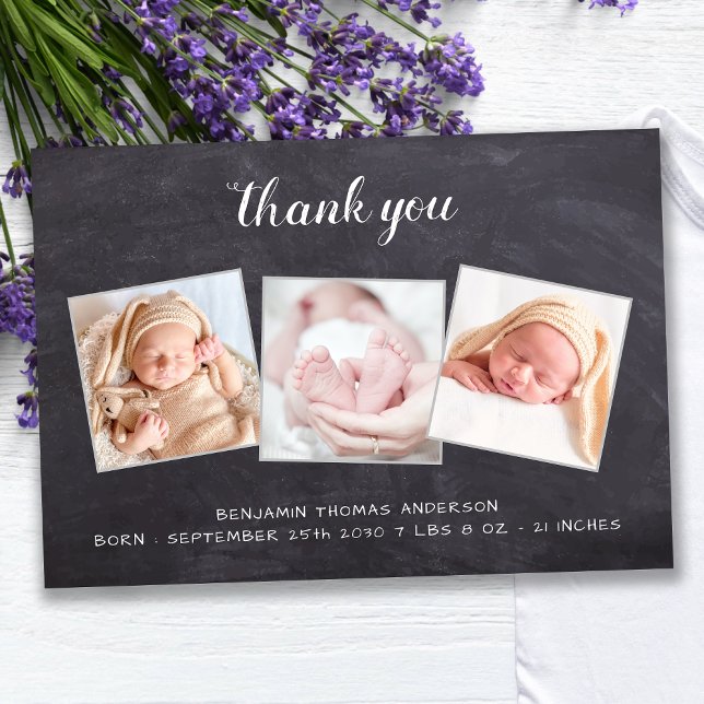 Cartão De Agradecimento Chá de fraldas de Foto Rustic New Baby Chalkboard  (Criador carregado)