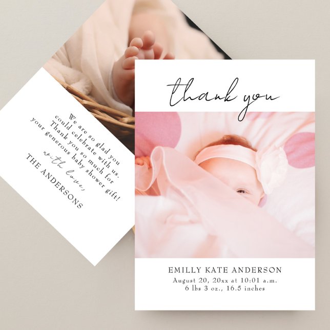 Cartão De Agradecimento Chá de fraldas de Fotografias Moderno Elegante Man (Modern Elegant Handwritten 2 Photos Baby Shower Thank You Card)