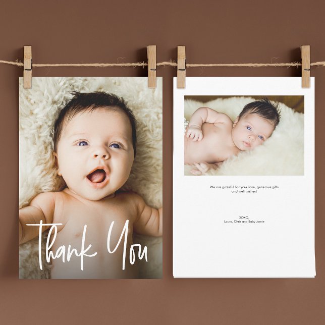 Cartão De Agradecimento Chá de fraldas de Fotografias Personalizadas 2 par (Baby shower thank you 2 photo cards. Handlettering, modern typography.)