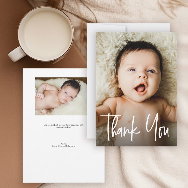 Cartão De Agradecimento Chá de fraldas de Fotografias Personalizadas Moder (Modern, Simple Thank you overlay baby photos.)