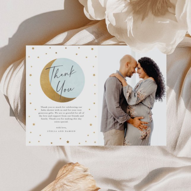 Cartão De Agradecimento Chá de fraldas de fotos das luas e estrelas (Gold Moon and Stars Blue Boys Baby Shower Photo Thank You Card.)