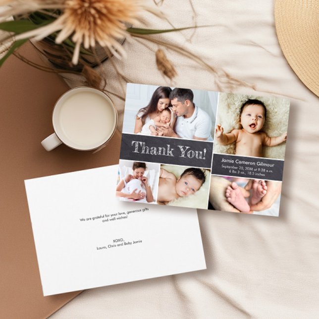 Cartão De Agradecimento Chá de fraldas de fotos modernas do Chalkboard Obr (Baby shower thank you photo collage, chalkboard design.)