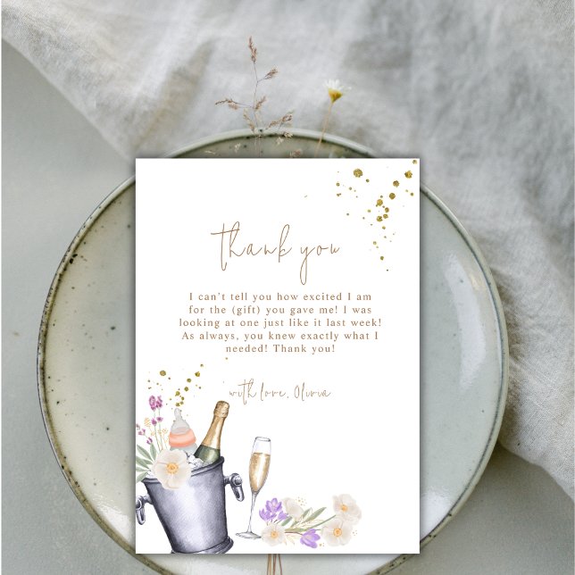 Cartão De Agradecimento Chá de fraldas de Frasco de Champanhe (Modern Sip & See Champagne Bottle Baby Shower Thank You Card)