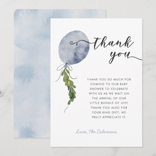 Cartão De Agradecimento Chá de fraldas de Garland Blue Balloon (Frente/Verso)