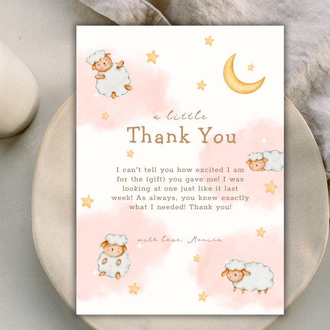 Cartão De Agradecimento Chá de fraldas de Garota de Orelha Grelha Grelha (Sheep Twinkle Twinkle Moon Stars Girl Baby Shower Thank You Card)