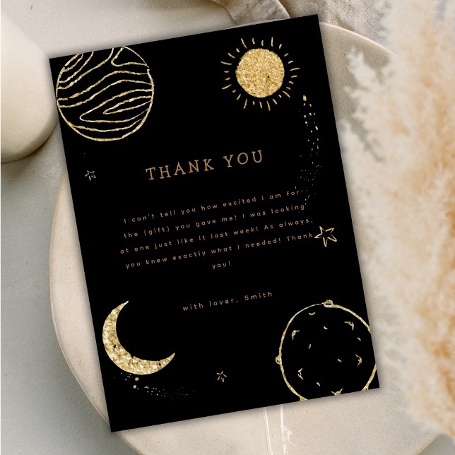 Cartão De Agradecimento Chá de fraldas de Garoto da Lua Dourada Preta (Black Gold Outer Space Moon Star Boy Baby Shower Thank You Card)