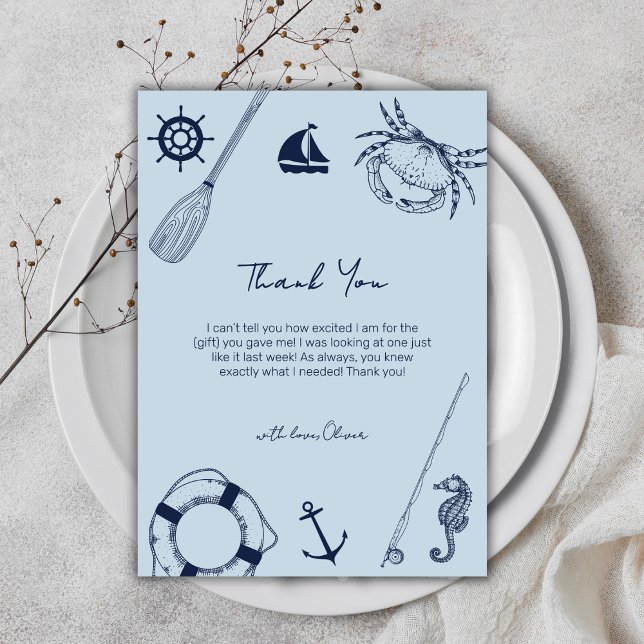 Cartão De Agradecimento Chá de fraldas de Garoto Elegante Simples Azul (Blue Simple Elegant Fishing Boy Baby Shower Thank You Card)