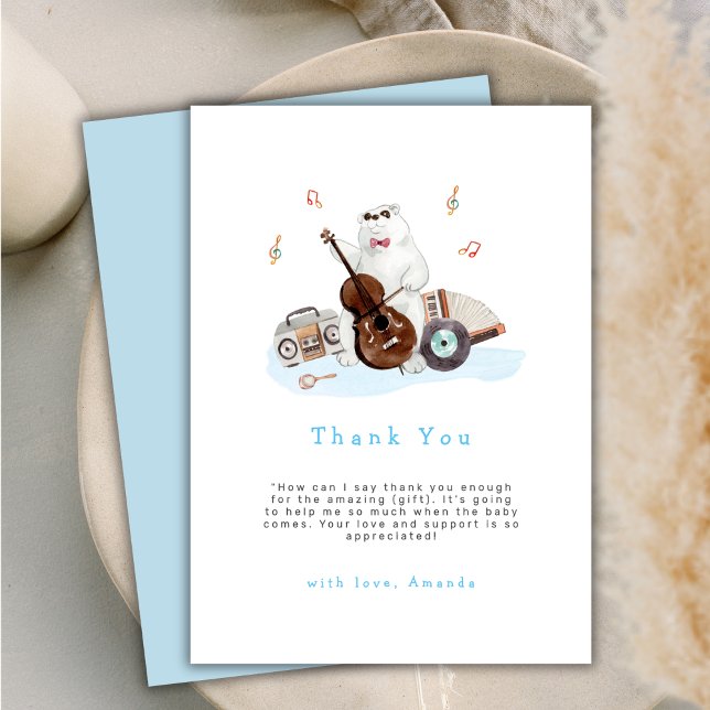 Cartão De Agradecimento Chá de fraldas de Garoto Polar Musico Bonito (Cute Musician Polar Bear Boy Baby Shower Thank You Card)