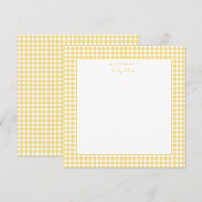 Cartão De Agradecimento Chá de fraldas de gingham branco e amarelo (Frente/Verso)
