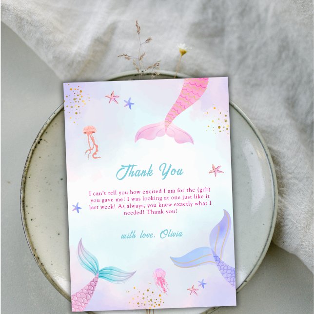 Cartão De Agradecimento Chá de fraldas de granizo de Sereia do Oceano Whim (Whimsical Ocean Summer Mermaid Tail Baby Shower Thank You Card)