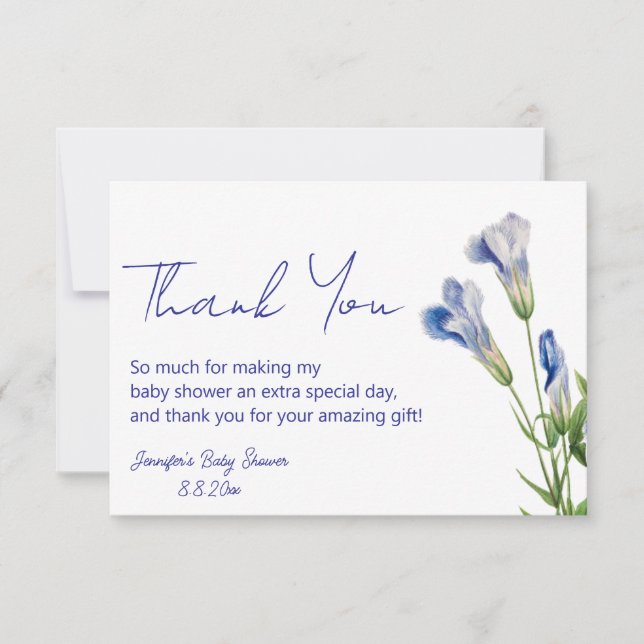 Cartão De Agradecimento chá de fraldas de guião azul floral elegante (Frente)