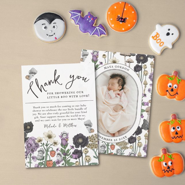 Cartão De Agradecimento Chá de fraldas de Halloween Fantasma Floral Bonito (Halloween Baby shower photo thank you cards)