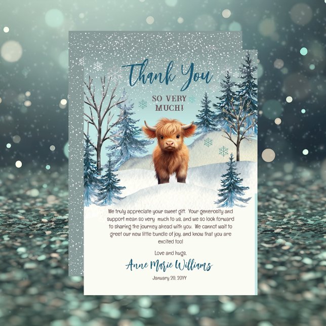 Cartão De Agradecimento Chá de fraldas de inverno da Santa Vaca da Terra S (Cute Highland Calf Winter Woodland Thank You Card -- Holy Cow Series)