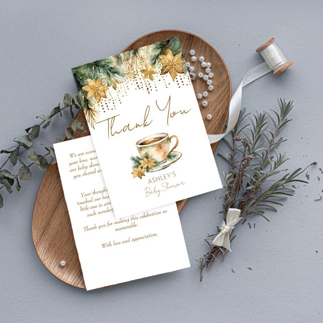 Cartão De Agradecimento Chá de fraldas de inverno obrigado para você (Boho winter baby shower tea party thank you card watercolor pines gold poinsettia tea cup thank you )