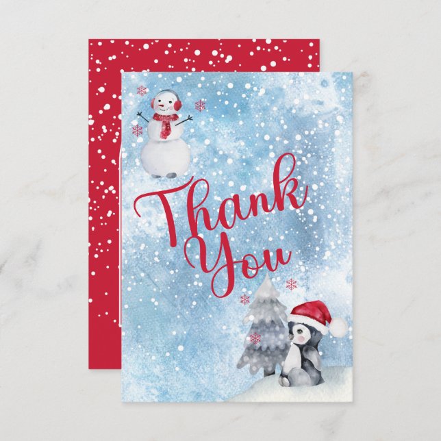 Cartão De Agradecimento Chá de fraldas de inverno Pinguim Snowman Obrigado (Frente/Verso)