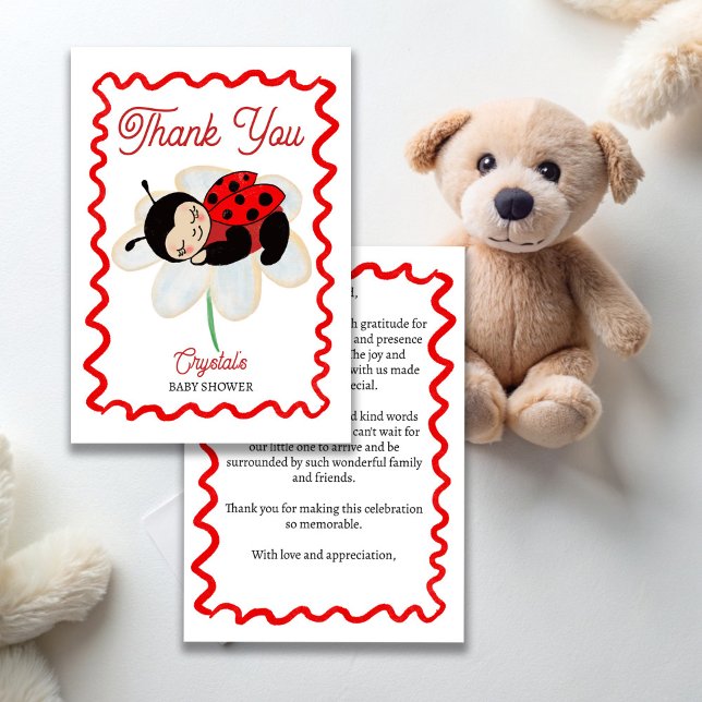 Cartão De Agradecimento Chá de fraldas de Ladybug, pequena inseto (Ladybug baby shower cute bug on a daisy little lady thank you cards)