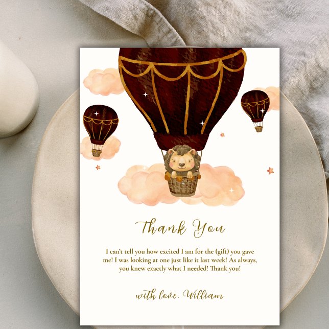Cartão De Agradecimento Chá de fraldas de Leão Selvagem de Ar Quente (Hot Air Balloon Jungle Lion Boy Baby Shower Thank You Card)